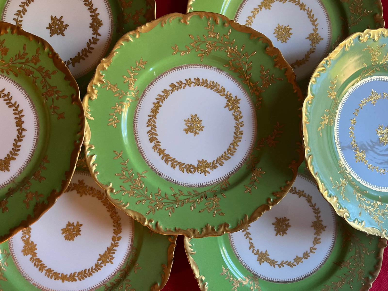 Antique Early 20th Century Higgins & Seiter French Limoges Porcelain Green & Gold Plates - Set of 7 - 3