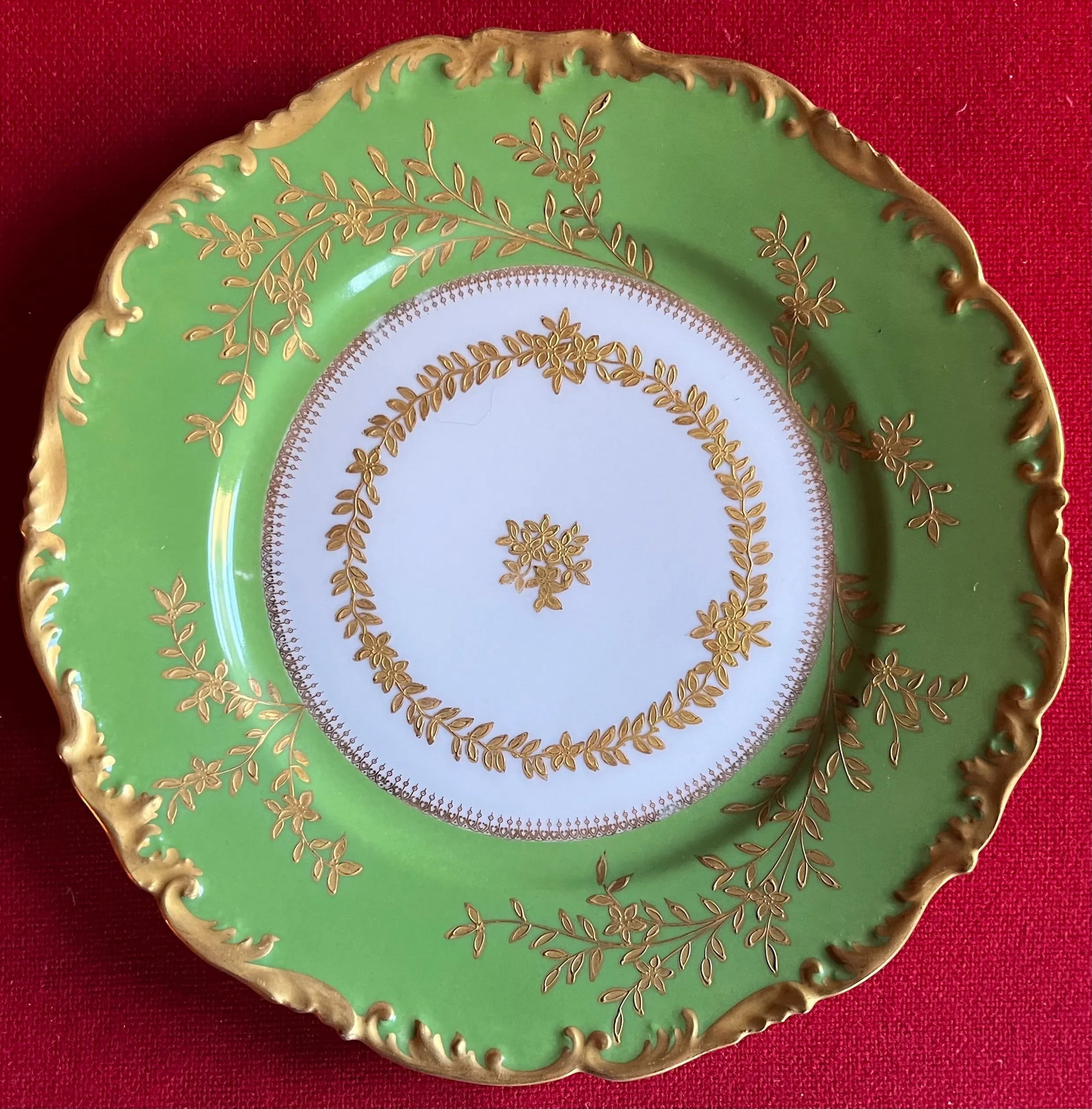 Antique Early 20th Century Higgins & Seiter French Limoges Porcelain Green & Gold Plates - Set of 7 - 4