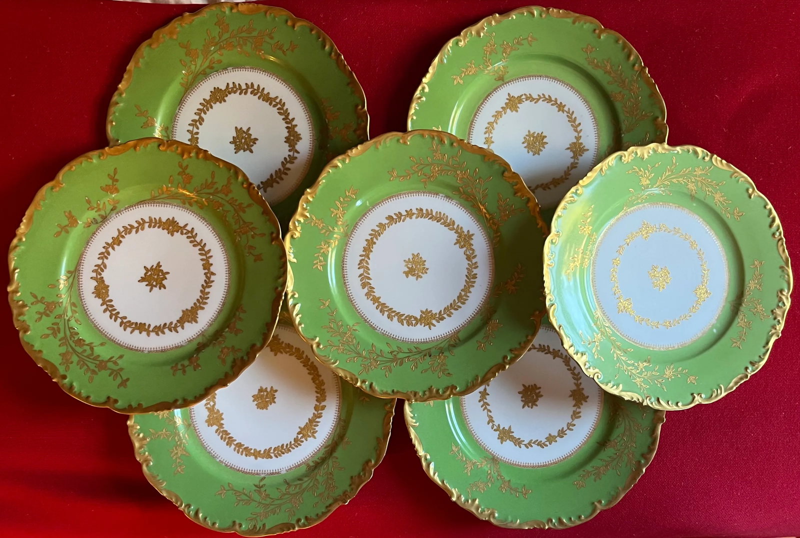 Antique Early 20th Century Higgins & Seiter French Limoges Porcelain Green & Gold Plates - Set of 7 - 9