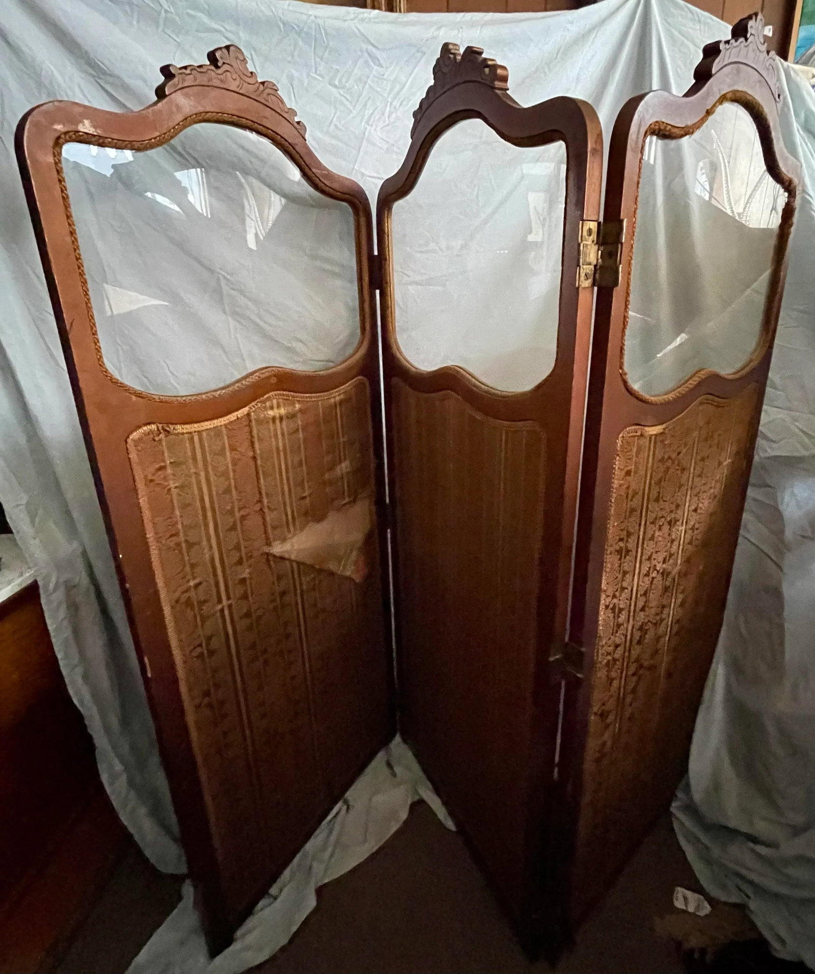 Late 19th Century French Tapestry 3 Panel Room Carved Wood Divider/Screen Glass Window - 2