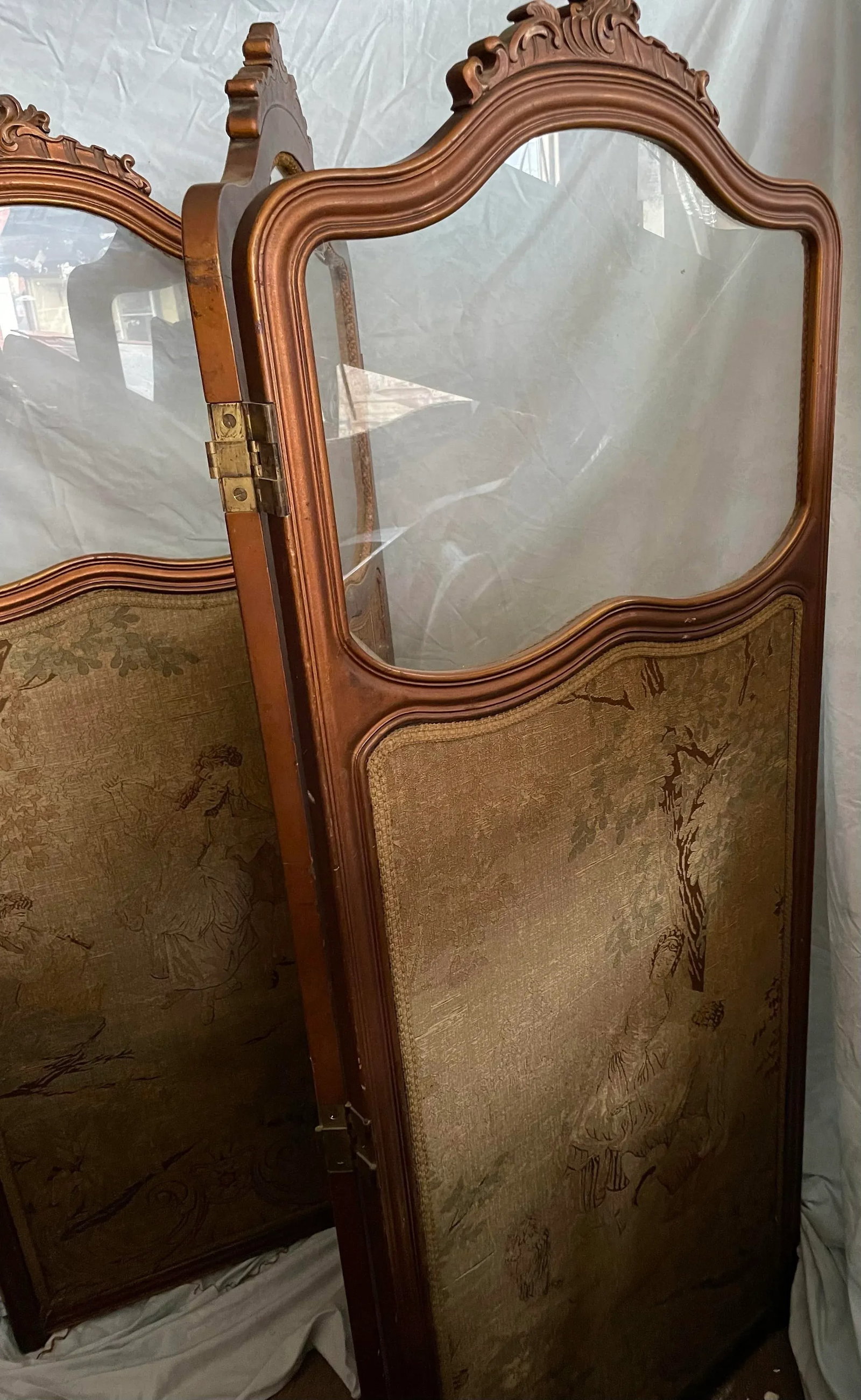 Late 19th Century French Tapestry 3 Panel Room Carved Wood Divider/Screen Glass Window - 5