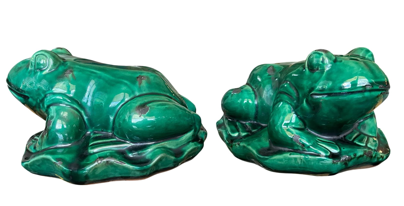 Vintage Glazed Green Ceramic Frogs on Lily Pad Bases Figural Statues - A Pair - 4