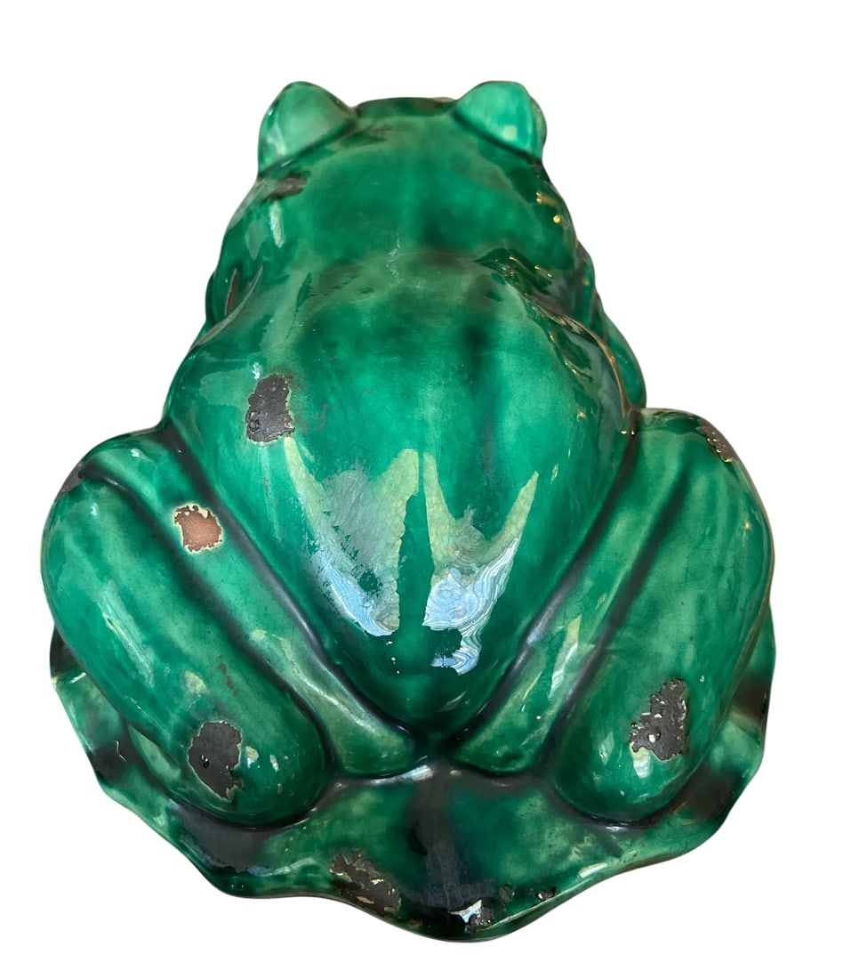 Vintage Glazed Green Ceramic Frogs on Lily Pad Bases Figural Statues - A Pair - 5