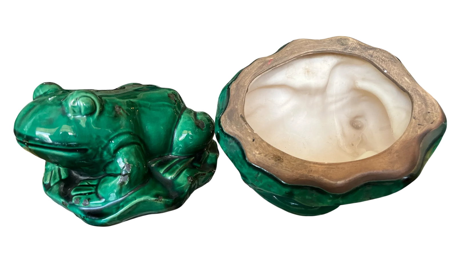 Vintage Glazed Green Ceramic Frogs on Lily Pad Bases Figural Statues - A Pair - 6