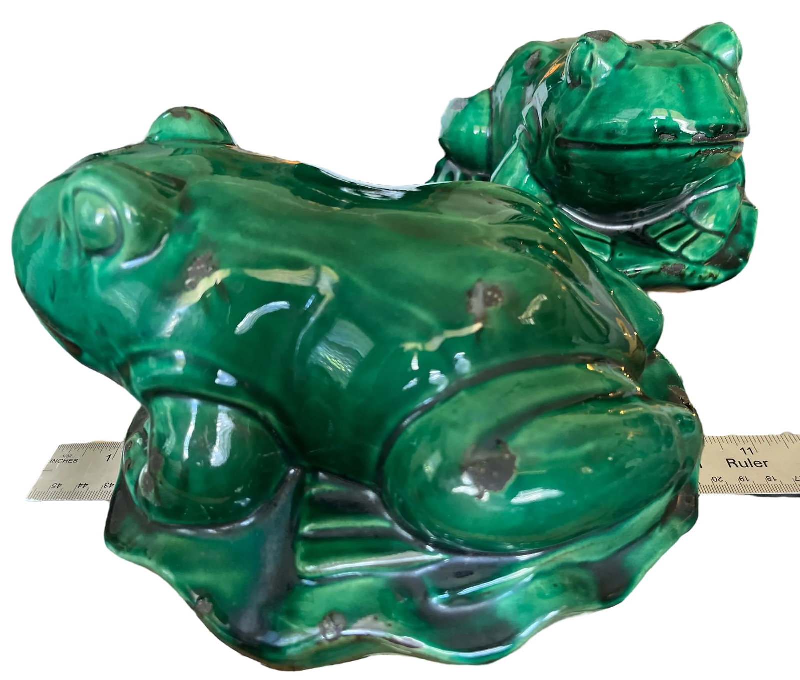 Vintage Glazed Green Ceramic Frogs on Lily Pad Bases Figural Statues - A Pair - 7
