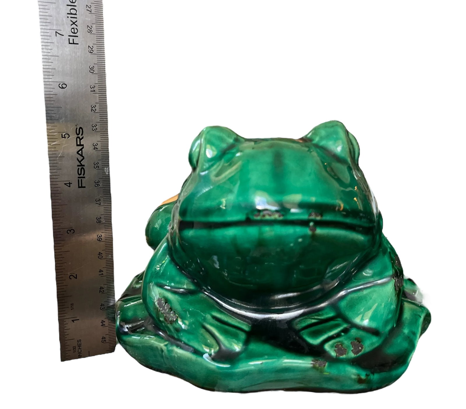 Vintage Glazed Green Ceramic Frogs on Lily Pad Bases Figural Statues - A Pair - 8