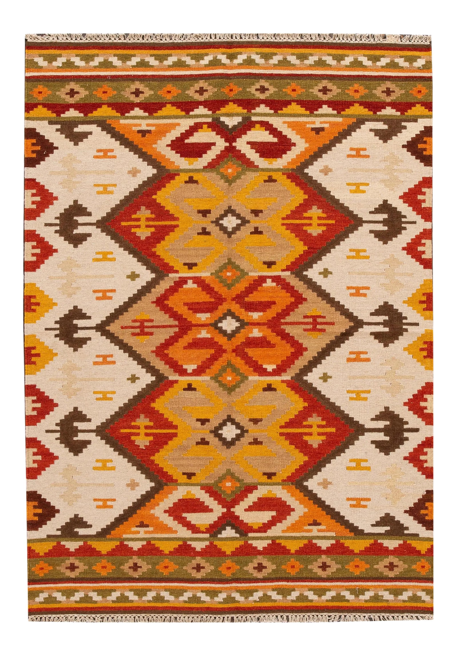 21st Century Modern Kilim Rug 4 '9'' X 6' 7''.: A beautiful hand-woven modern Kilim rug with a tan field and multi-color accents in an all-over geometric design. This rug measures: 4 '9'' x 6' 7''. Condition: Imperfections: No Imperfections