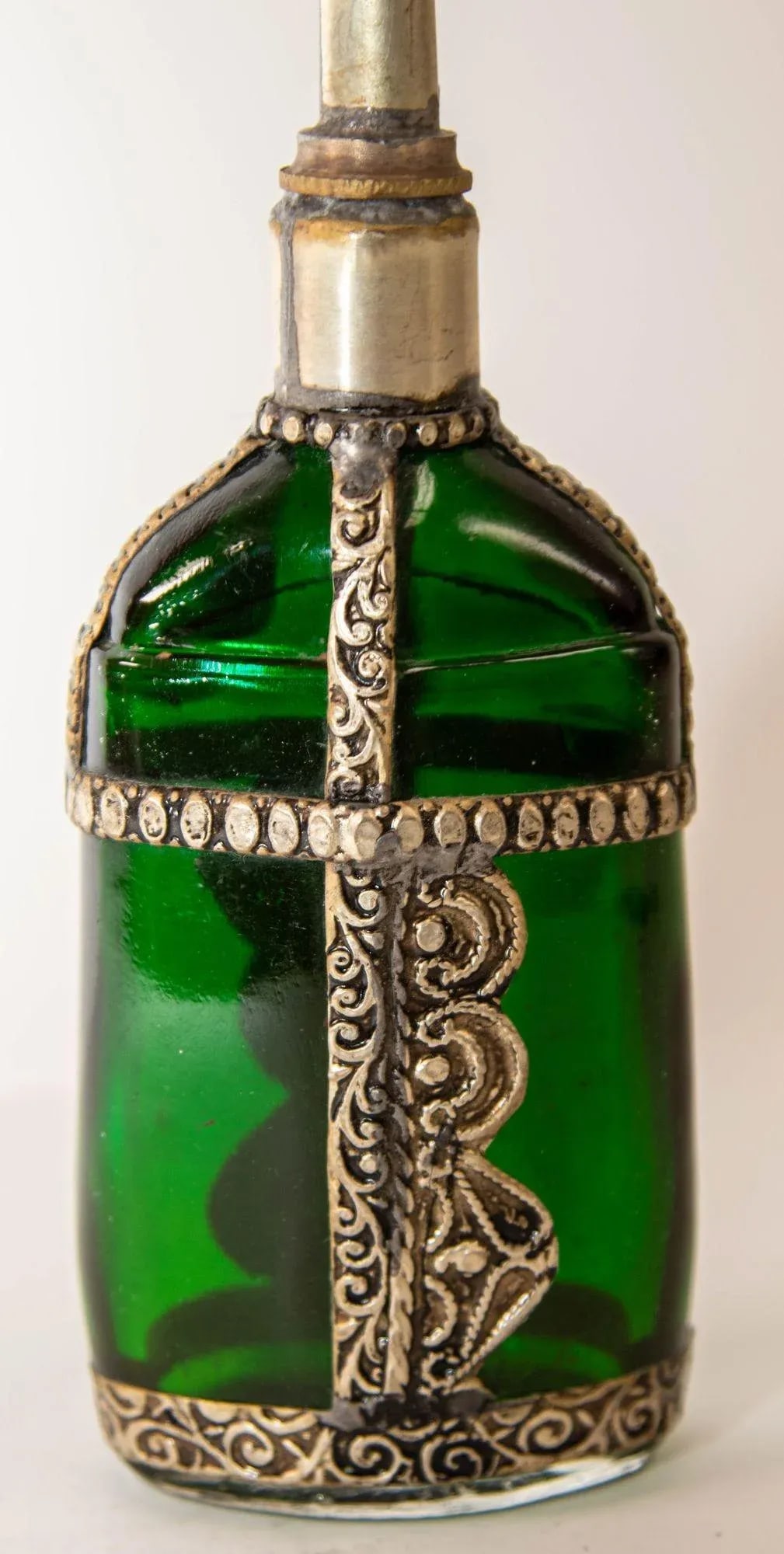 Moorish Green Glass Perfume Bottle Sprinkler with Embossed Metal Overlay - 10