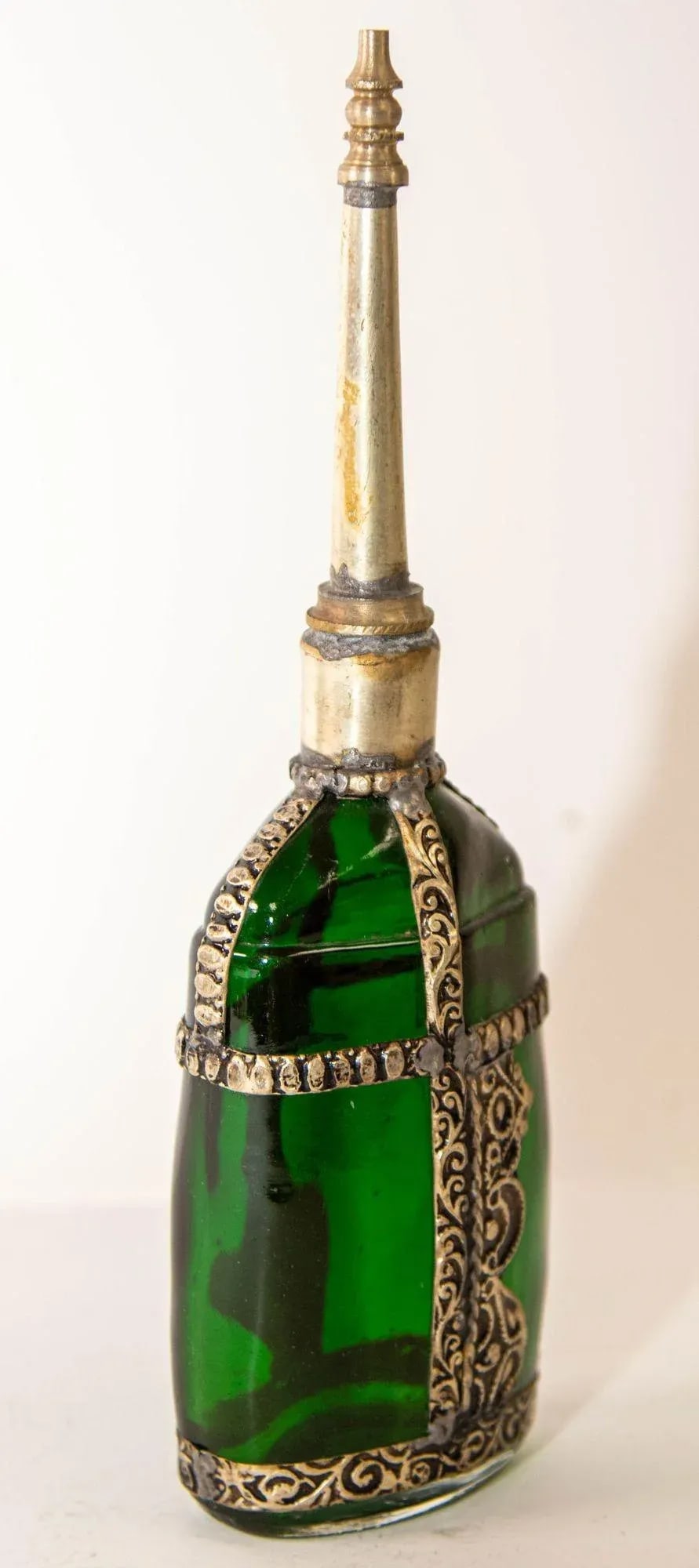 Moorish Green Glass Perfume Bottle Sprinkler with Embossed Metal Overlay - 11