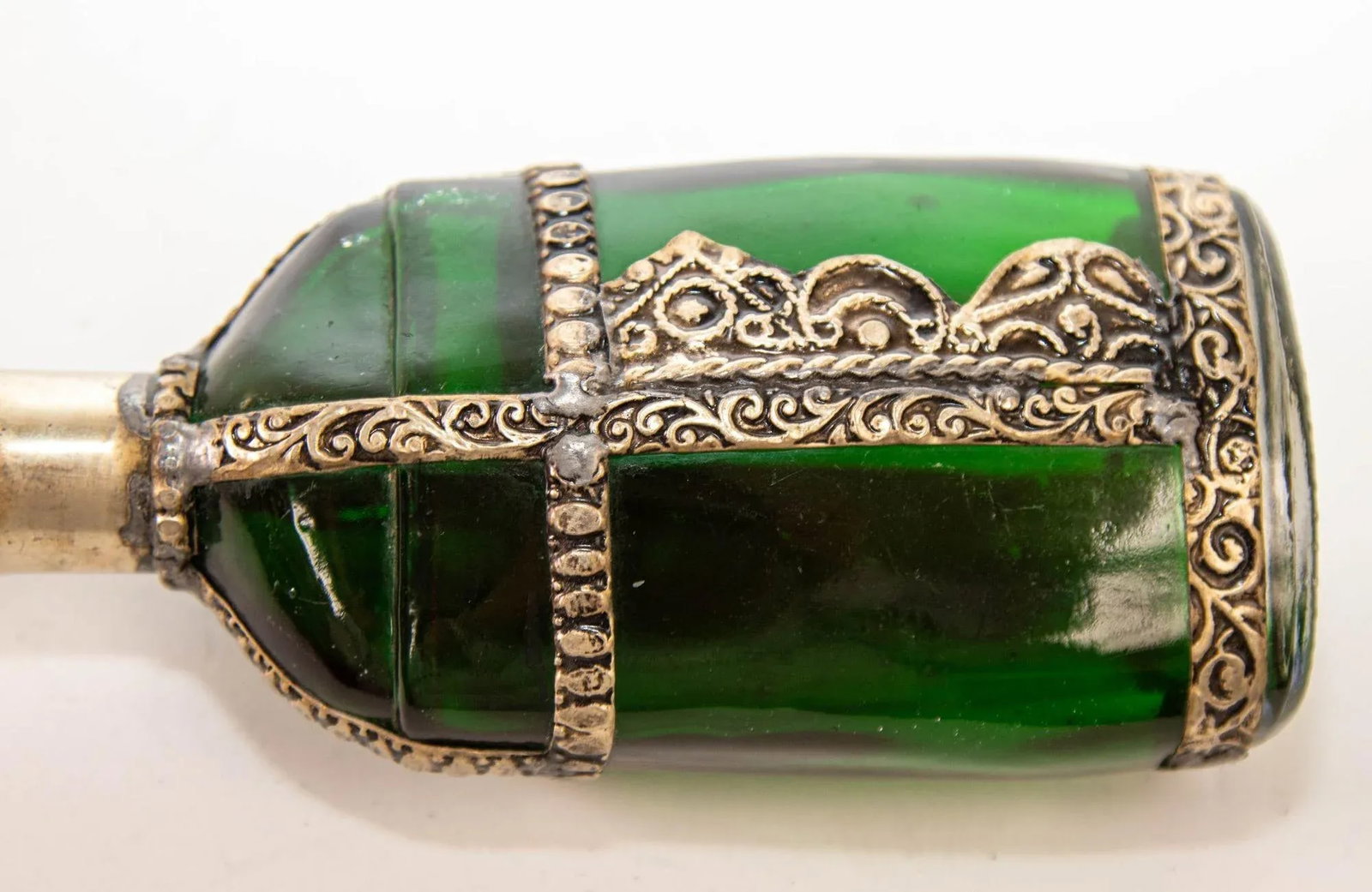 Moorish Green Glass Perfume Bottle Sprinkler with Embossed Metal Overlay - 12