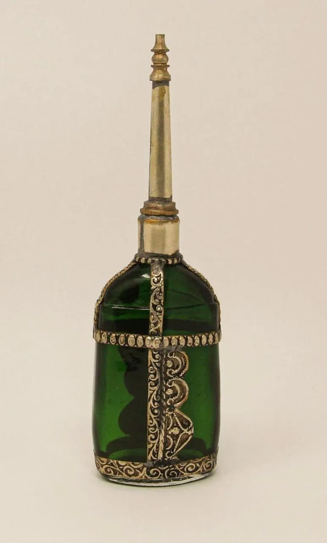 Moorish Green Glass Perfume Bottle Sprinkler with Embossed Metal Overlay - 2