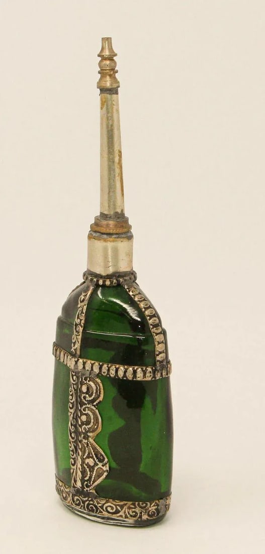 Moorish Green Glass Perfume Bottle Sprinkler with Embossed Metal Overlay - 3