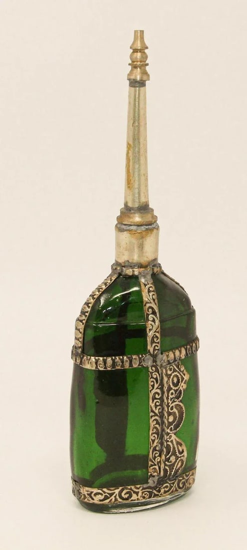 Moorish Green Glass Perfume Bottle Sprinkler with Embossed Metal Overlay - 4