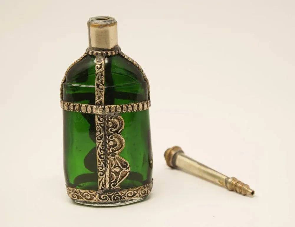 Moorish Green Glass Perfume Bottle Sprinkler with Embossed Metal Overlay - 6