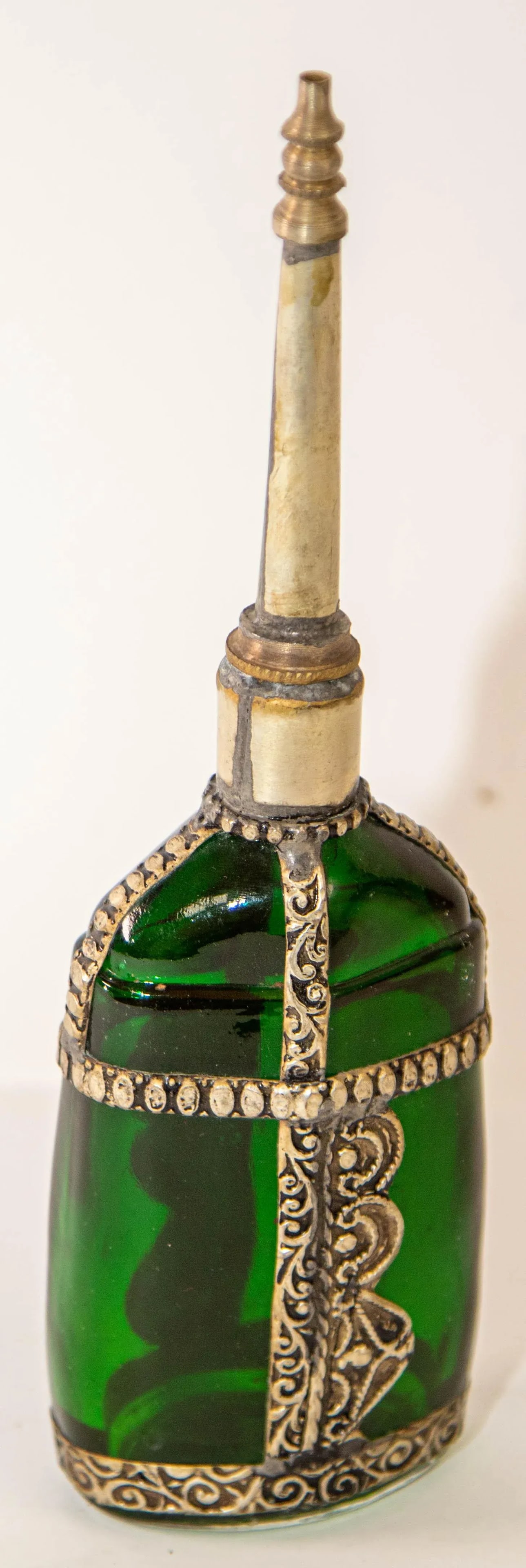 Moorish Green Glass Perfume Bottle Sprinkler with Embossed Metal Overlay - 7