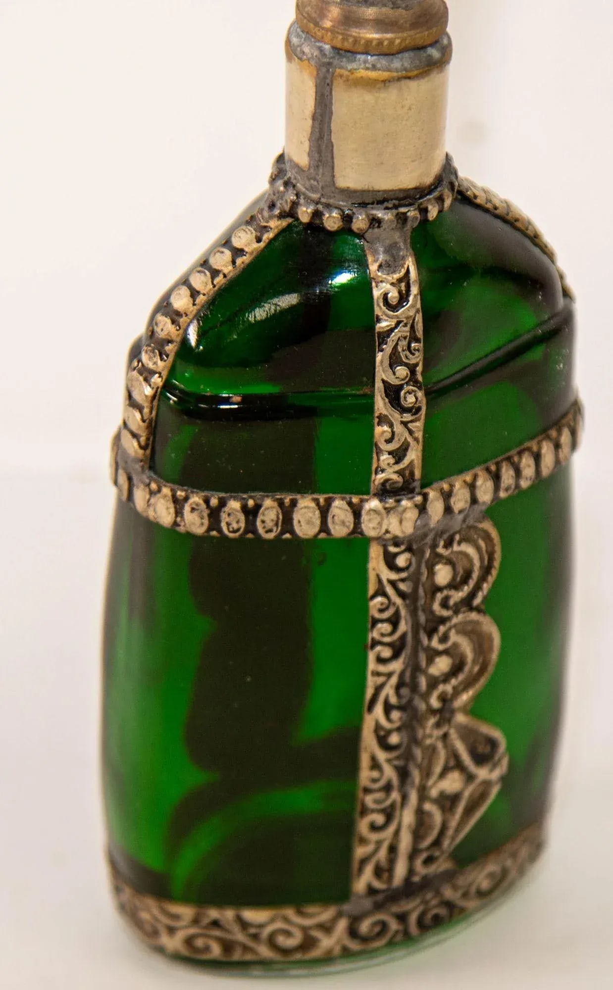 Moorish Green Glass Perfume Bottle Sprinkler with Embossed Metal Overlay - 8