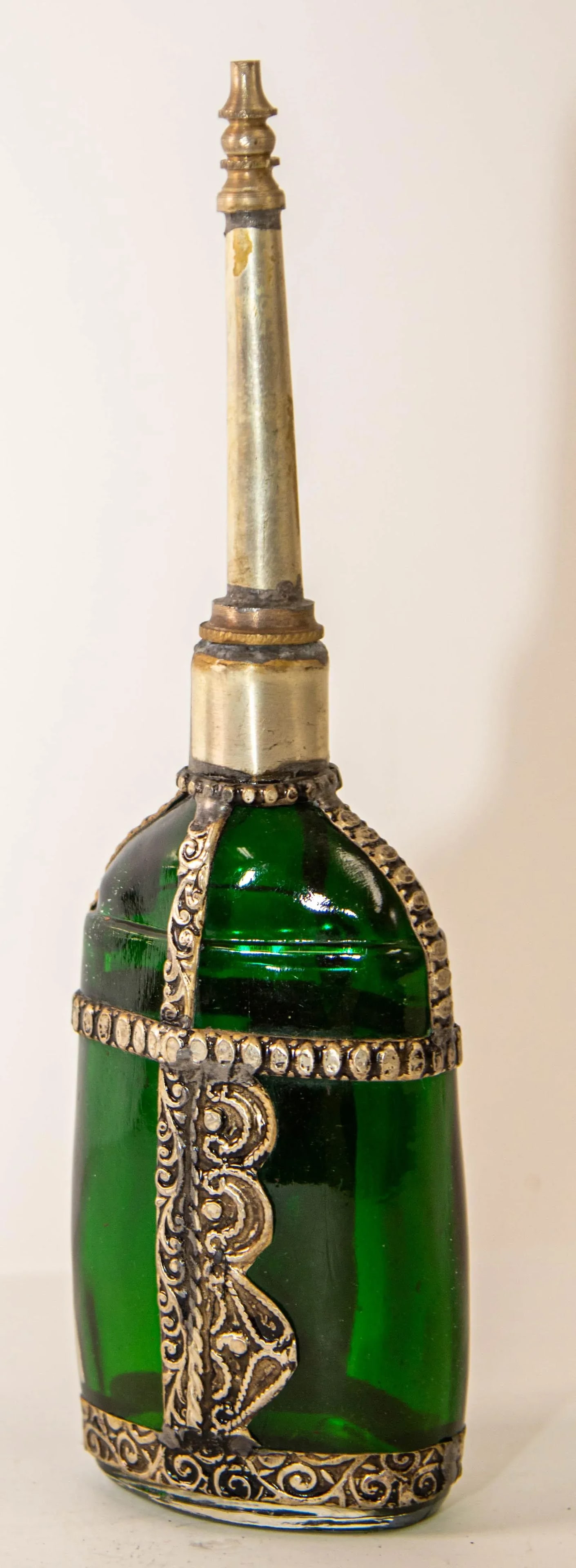 Moorish Green Glass Perfume Bottle Sprinkler with Embossed Metal Overlay - 9