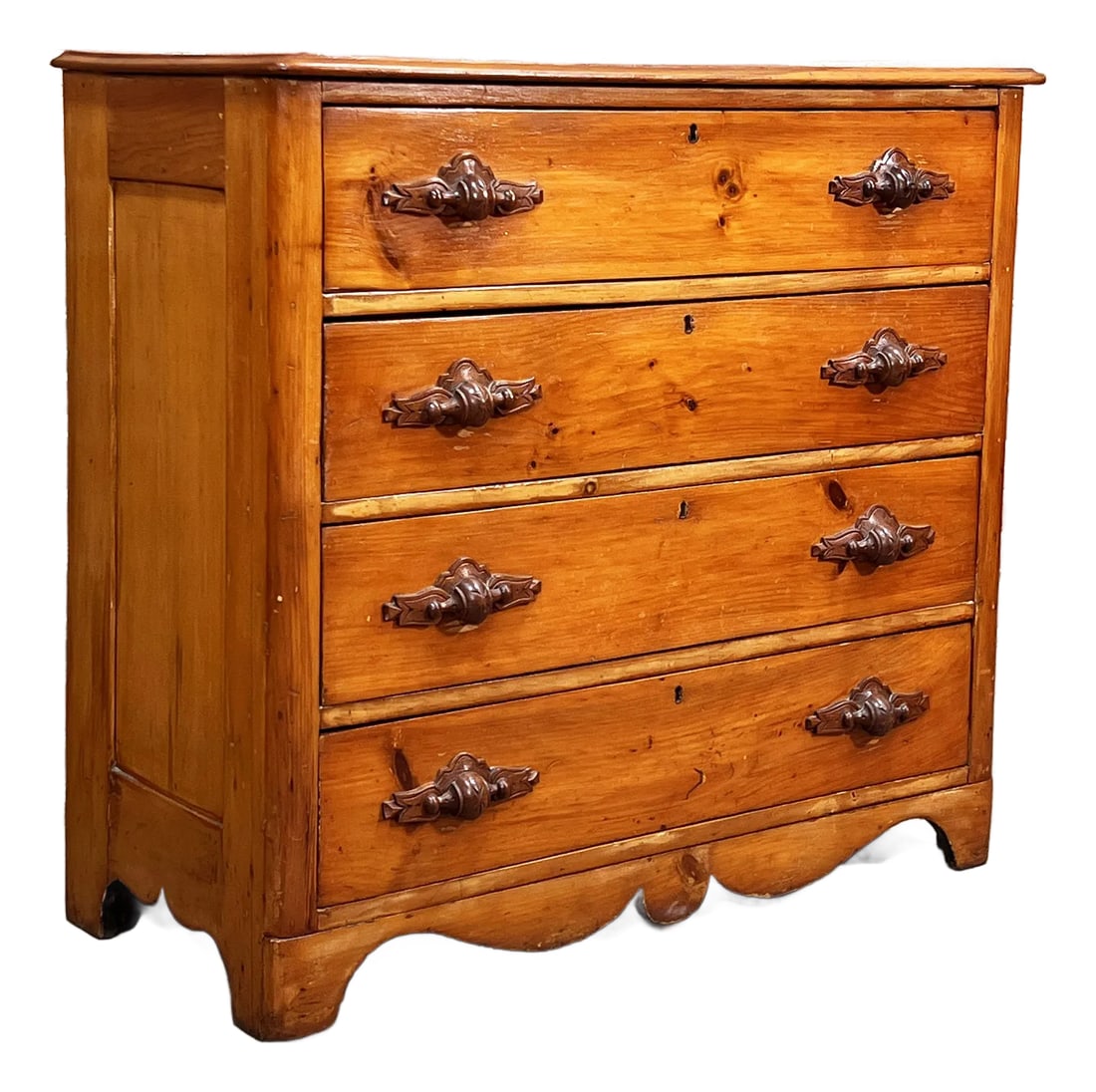 Antique 19th C. Cottage Pine 4 Drawer Dresser / Chest With Walnut Carved Pulls (1 of 9)