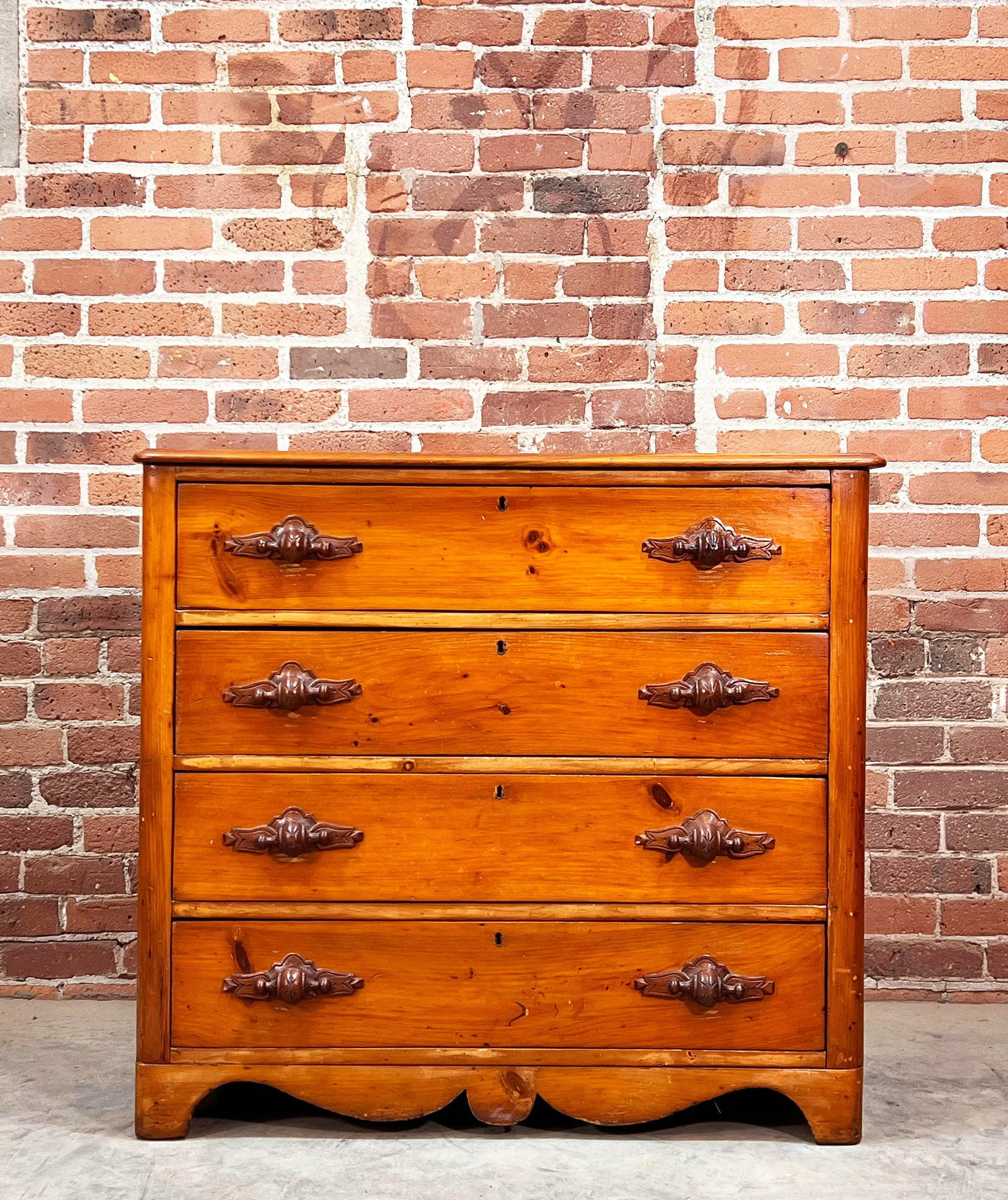 Antique 19th C. Cottage Pine 4 Drawer Dresser / Chest With Walnut Carved Pulls - 2