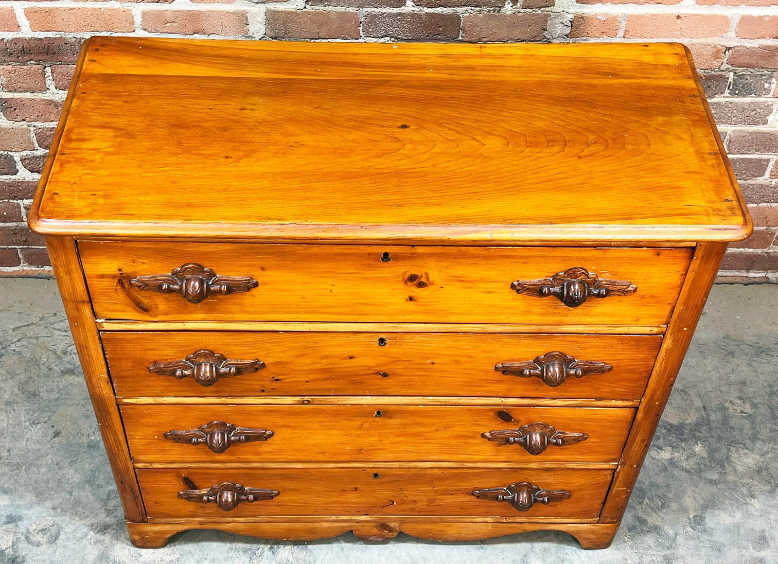 Antique 19th C. Cottage Pine 4 Drawer Dresser / Chest With Walnut Carved Pulls - 4
