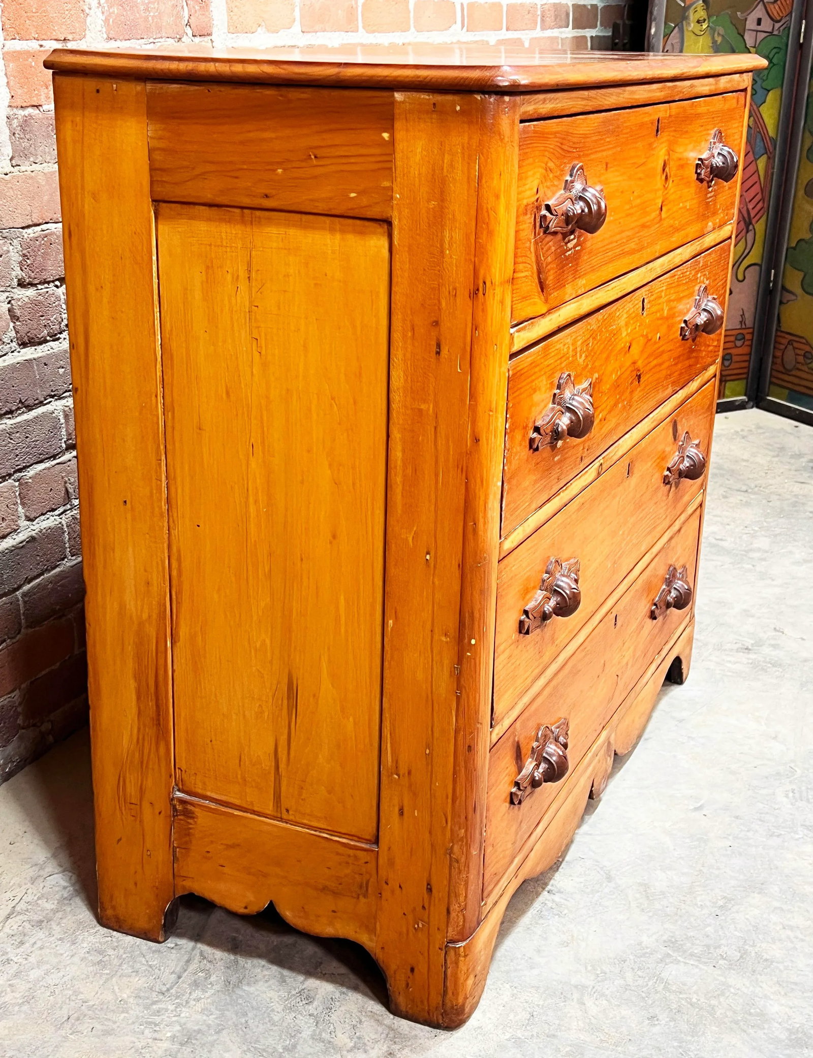 Antique 19th C. Cottage Pine 4 Drawer Dresser / Chest With Walnut Carved Pulls - 6