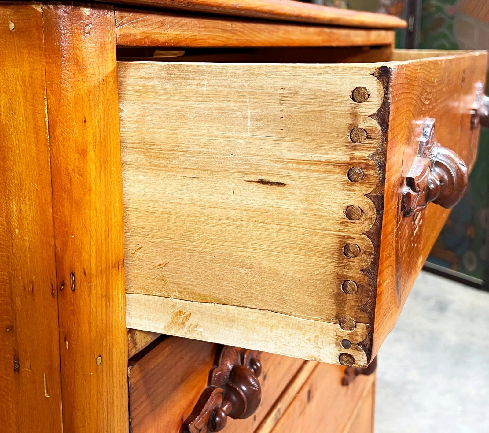 Antique 19th C. Cottage Pine 4 Drawer Dresser / Chest With Walnut Carved Pulls - 8