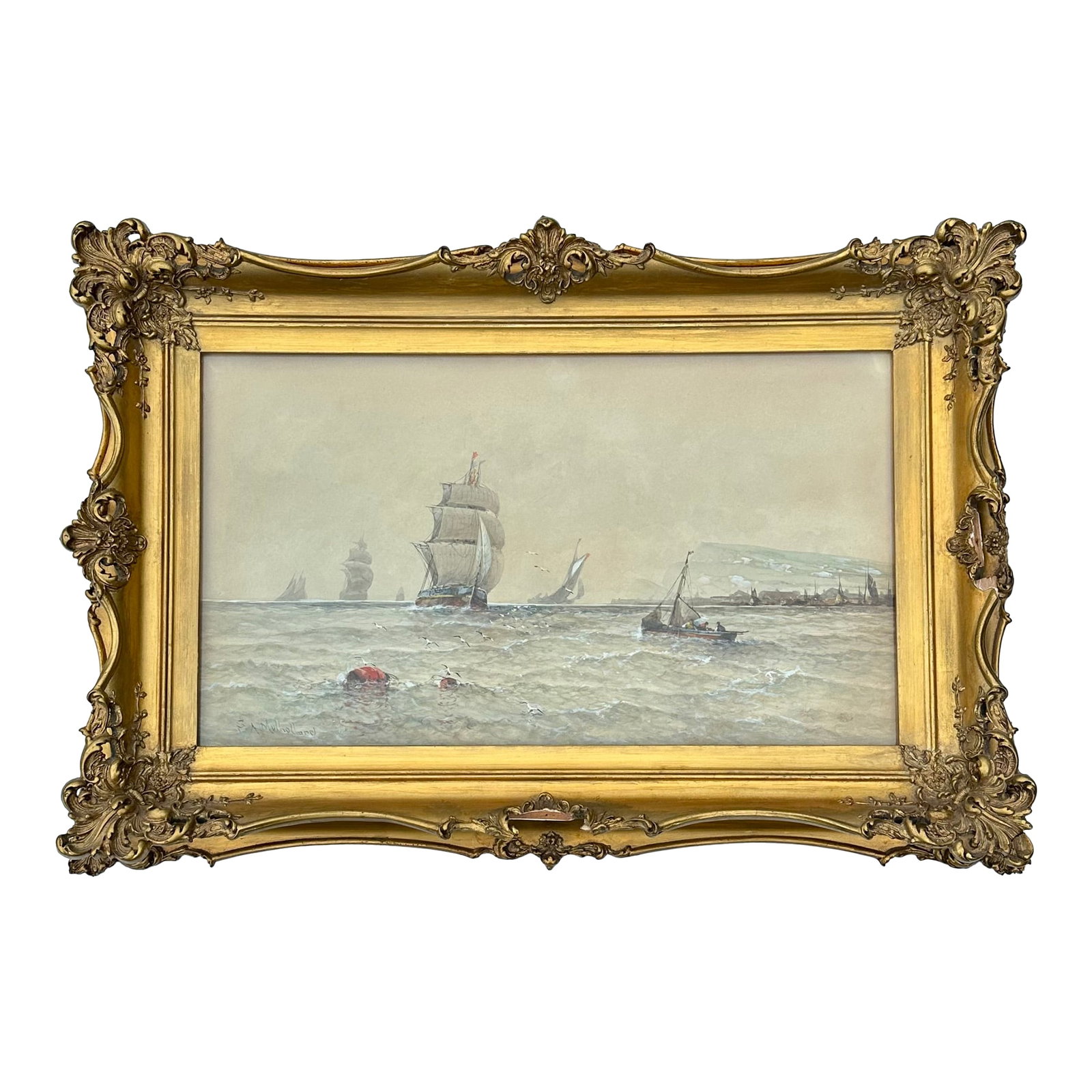 Antique Maritime Harbor Clipper Ship at Sea by Saint Clair Mulholland: Vintage maritime watercolor and gouache on paper clipper ship at sea by artist Saint Clair Augustin Mulholland. Ornate gold frame & glass. Dimensions: 22 x 32" Born in Philadelphia in 1839,