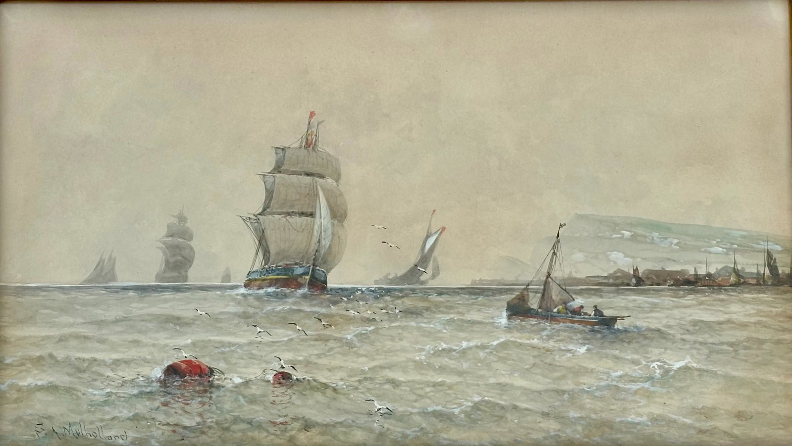 Antique Maritime Harbor Clipper Ship at Sea by Saint Clair Mulholland - 4
