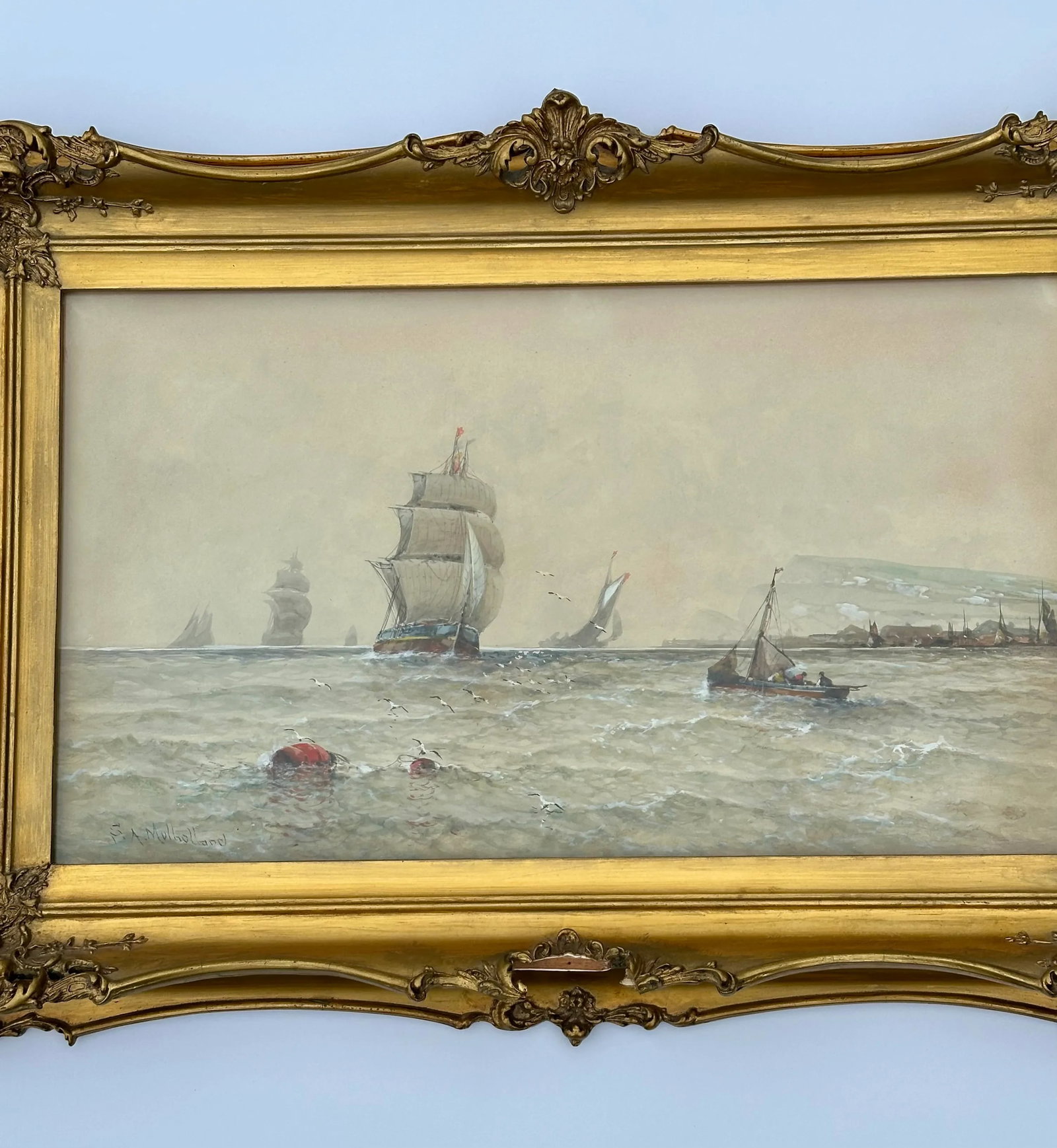 Antique Maritime Harbor Clipper Ship at Sea by Saint Clair Mulholland - 5