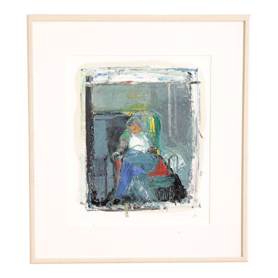 Dee Jenkins Abstract Oil Painting, 'Man on Train': Quality Custom Framed Oil Painting of Slumbering Figure, by Dee Jenkins (B. 20th C.), Signed and Dated Bottom Right Condition: Alterations: Original Condition Unaltered Imperfections: Some
