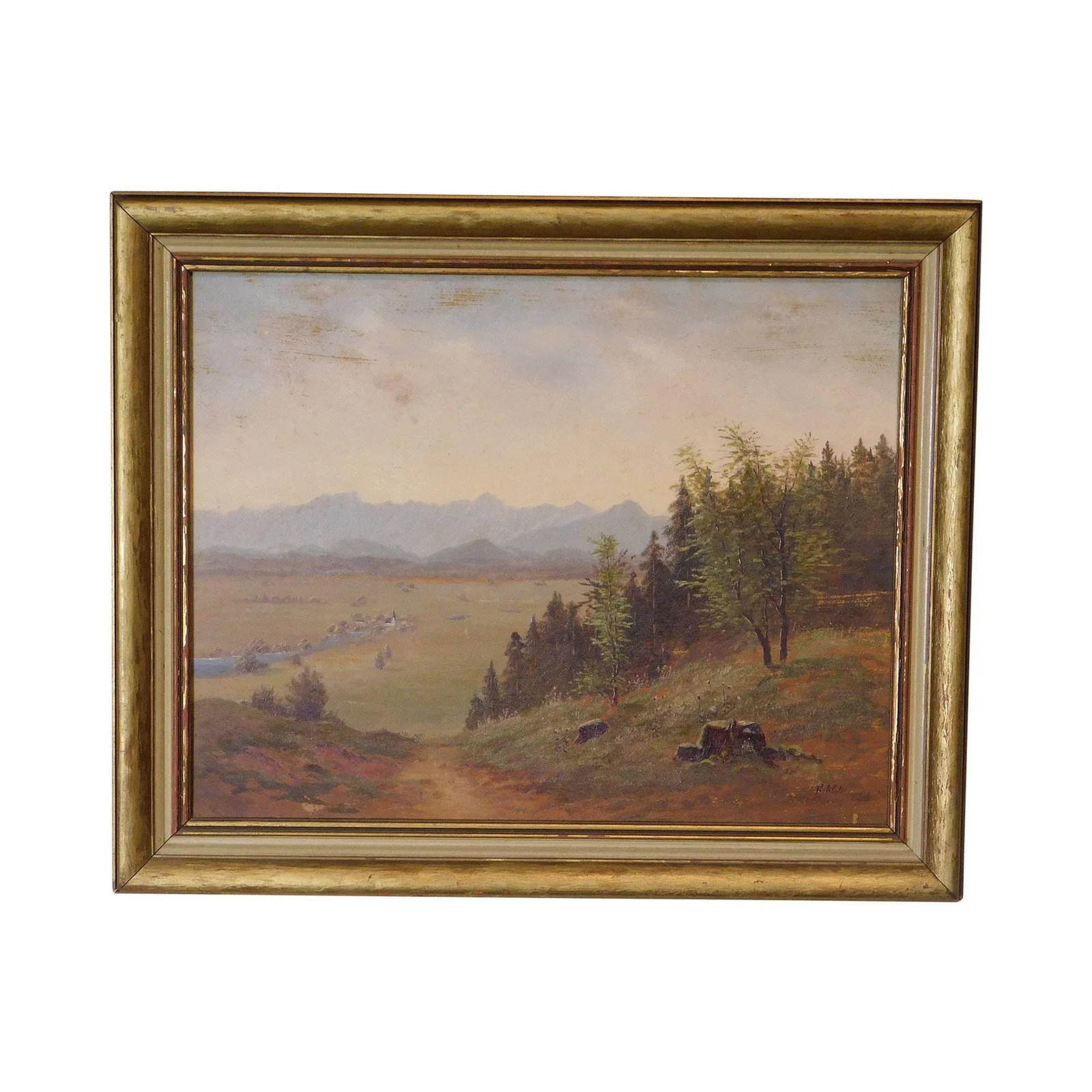 Mountain Valley Scene Framed Oil Painting On Board - Artist's Signature Illegible - 13