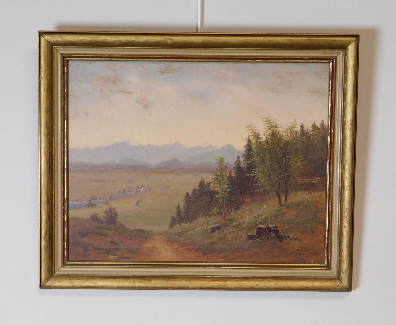 Mountain Valley Scene Framed Oil Painting On Board - Artist's Signature Illegible - 2