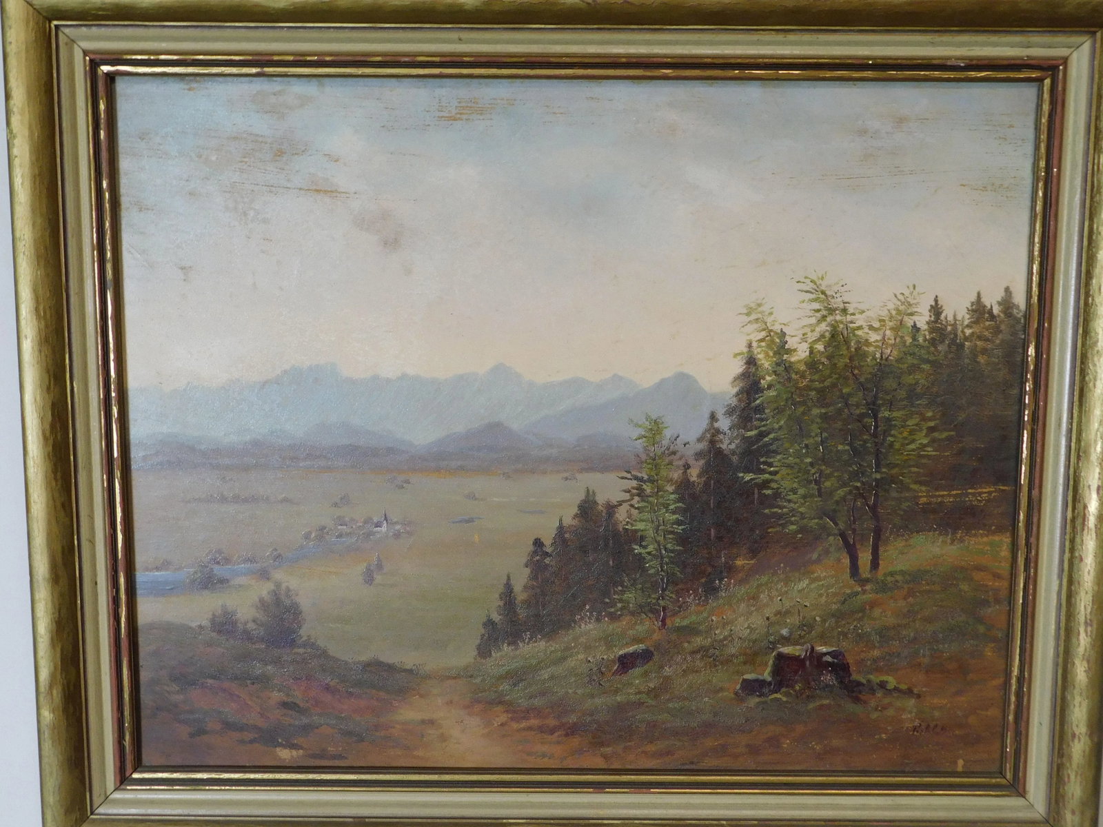 Mountain Valley Scene Framed Oil Painting On Board - Artist's Signature Illegible - 7