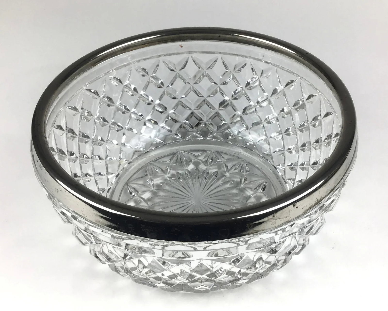 Vintage 1960s Cut Crystal Silver Plate Rim Bowl, Made in England - 12