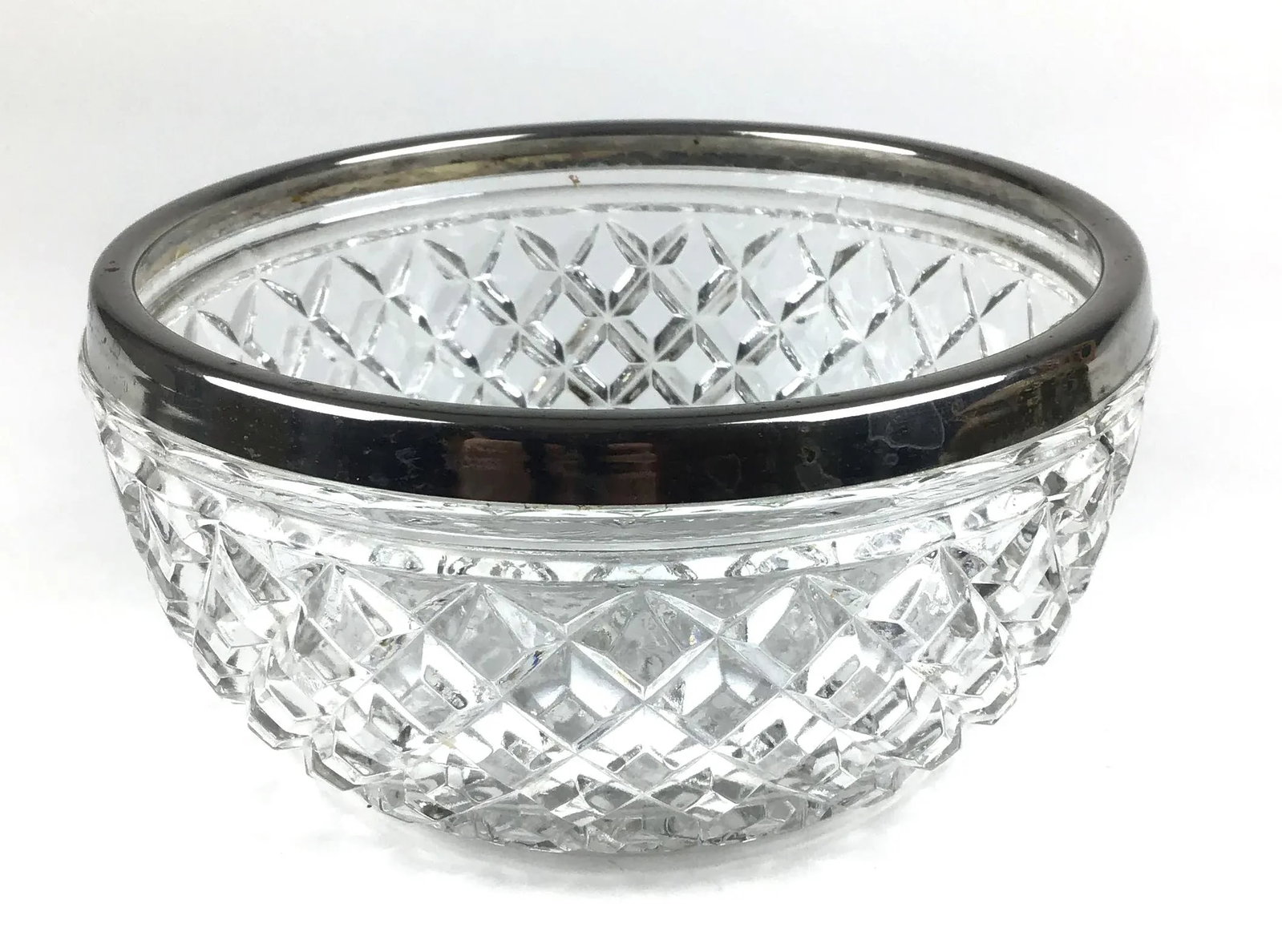 Vintage 1960s Cut Crystal Silver Plate Rim Bowl, Made in England - 3