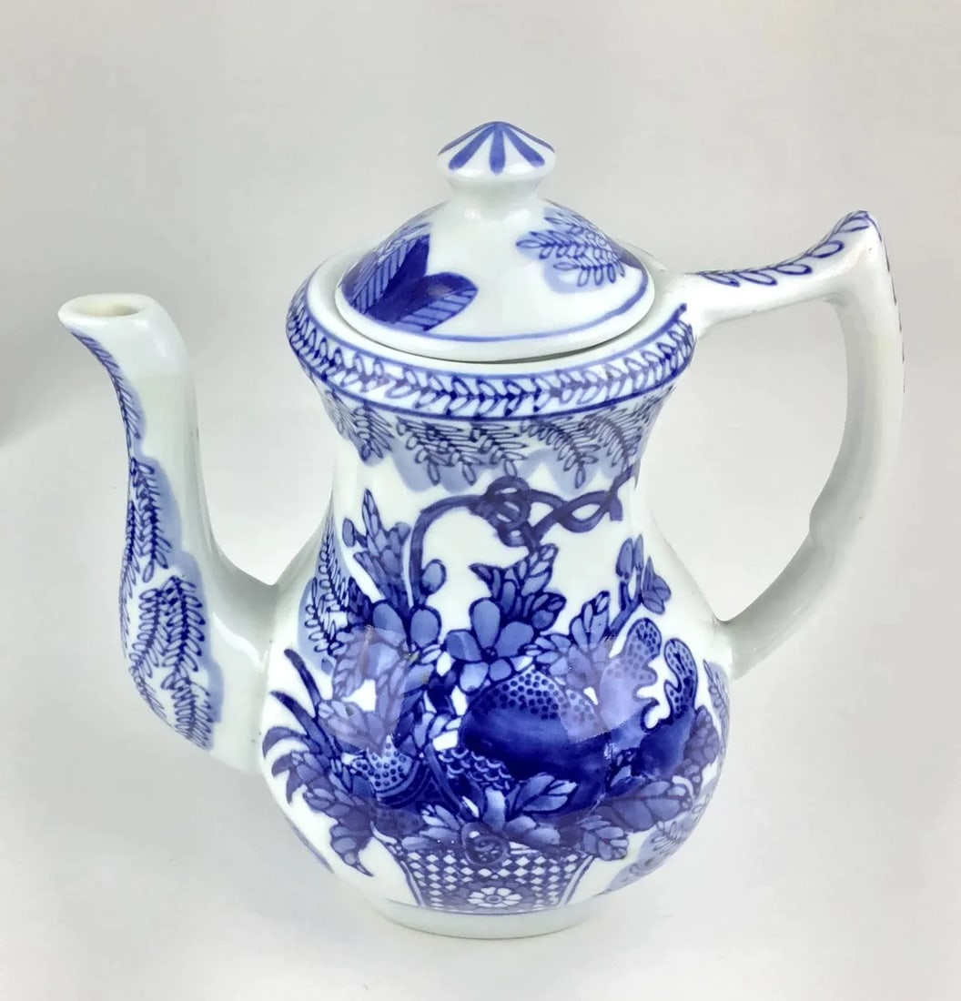 Boho Heavy Blue & White Vintage Chinese Tea Pot - 4