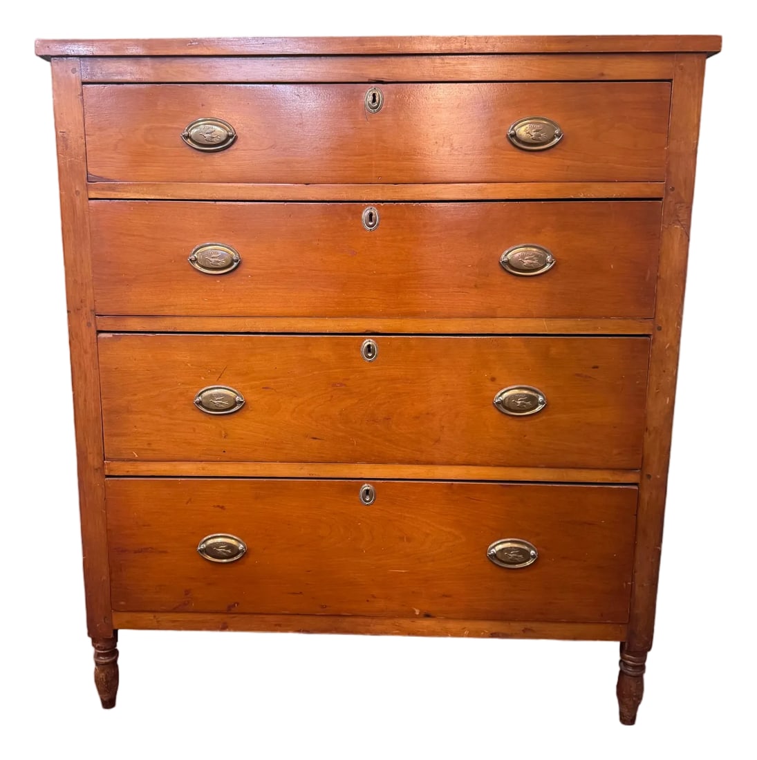 1840s Federal Style Cherry 4-Drawer Dresser: Early American Federal-style four-drawer chest of drawers dating to the 1840s. This antique chest features classic Federal proportions, refined simplicity, and quality 19th-century craftsmanship.