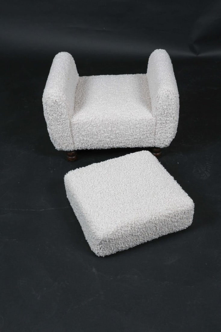 Mid Century Art Deco Lounge Chair Teak & Boucle W/Ottoman - 4