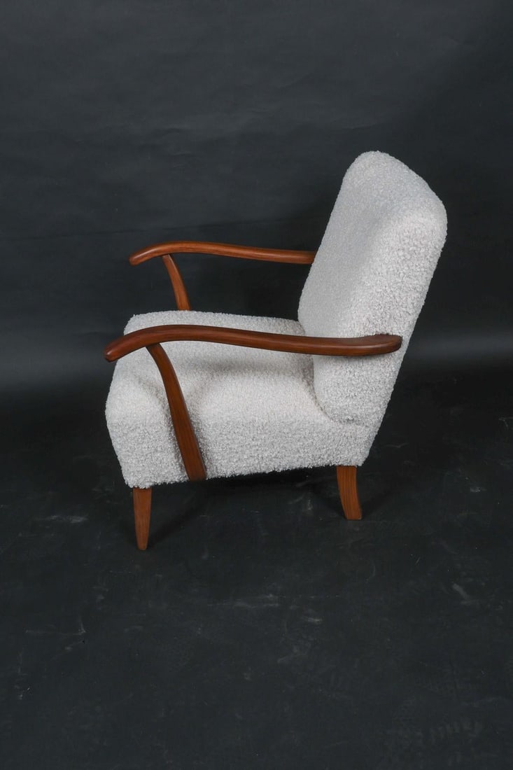 Mid Century Art Deco Lounge Chair Teak & Boucle W/Ottoman - 5