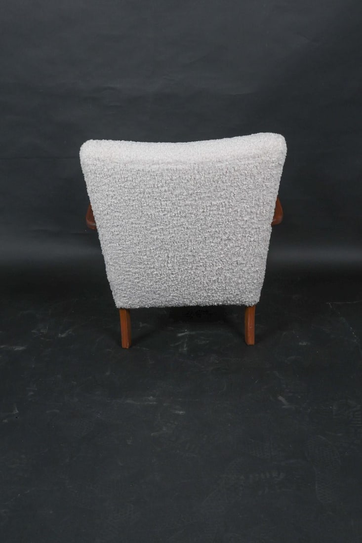 Mid Century Art Deco Lounge Chair Teak & Boucle W/Ottoman - 7