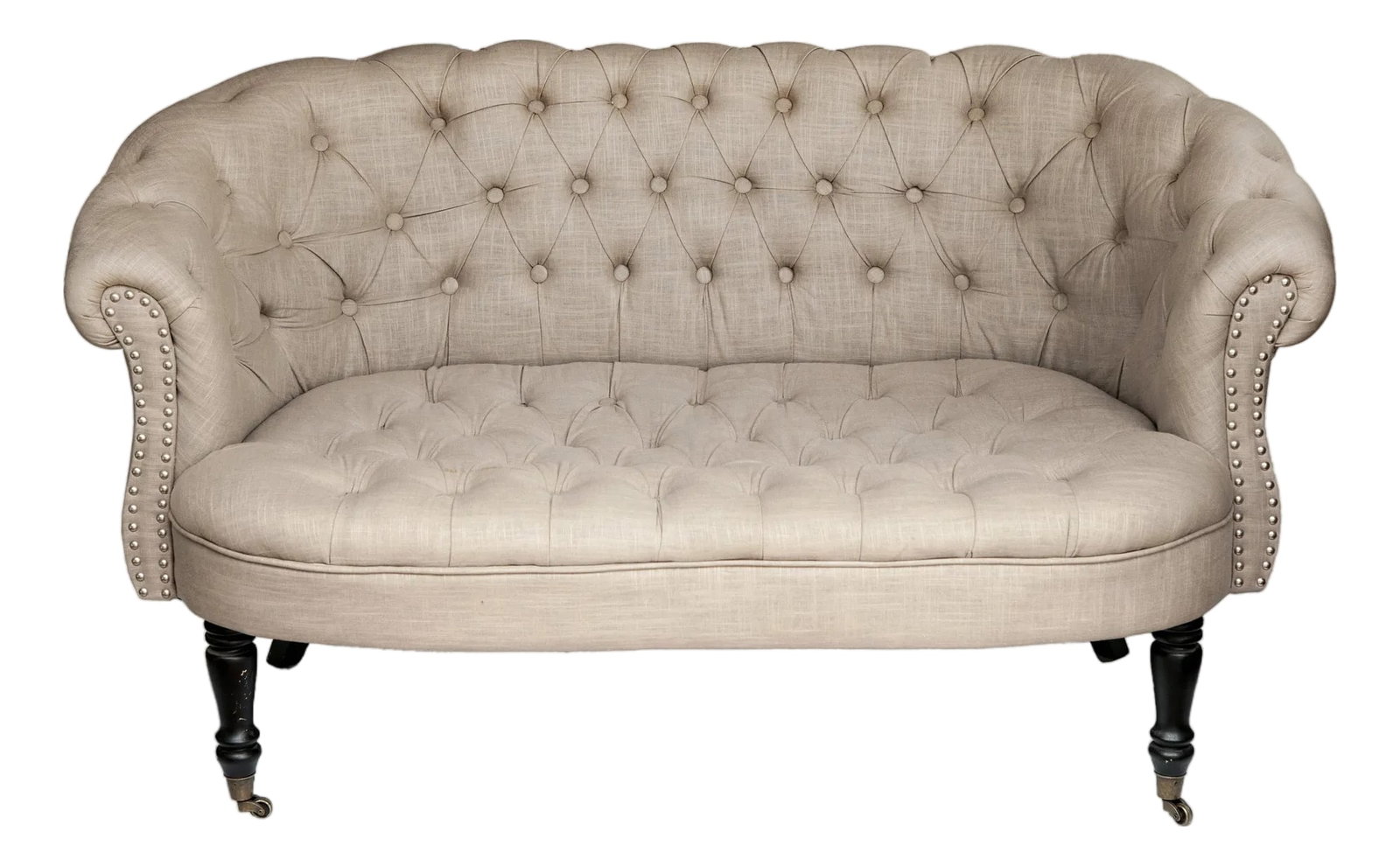 Vintage English Style Tufted Loveseat in Linen