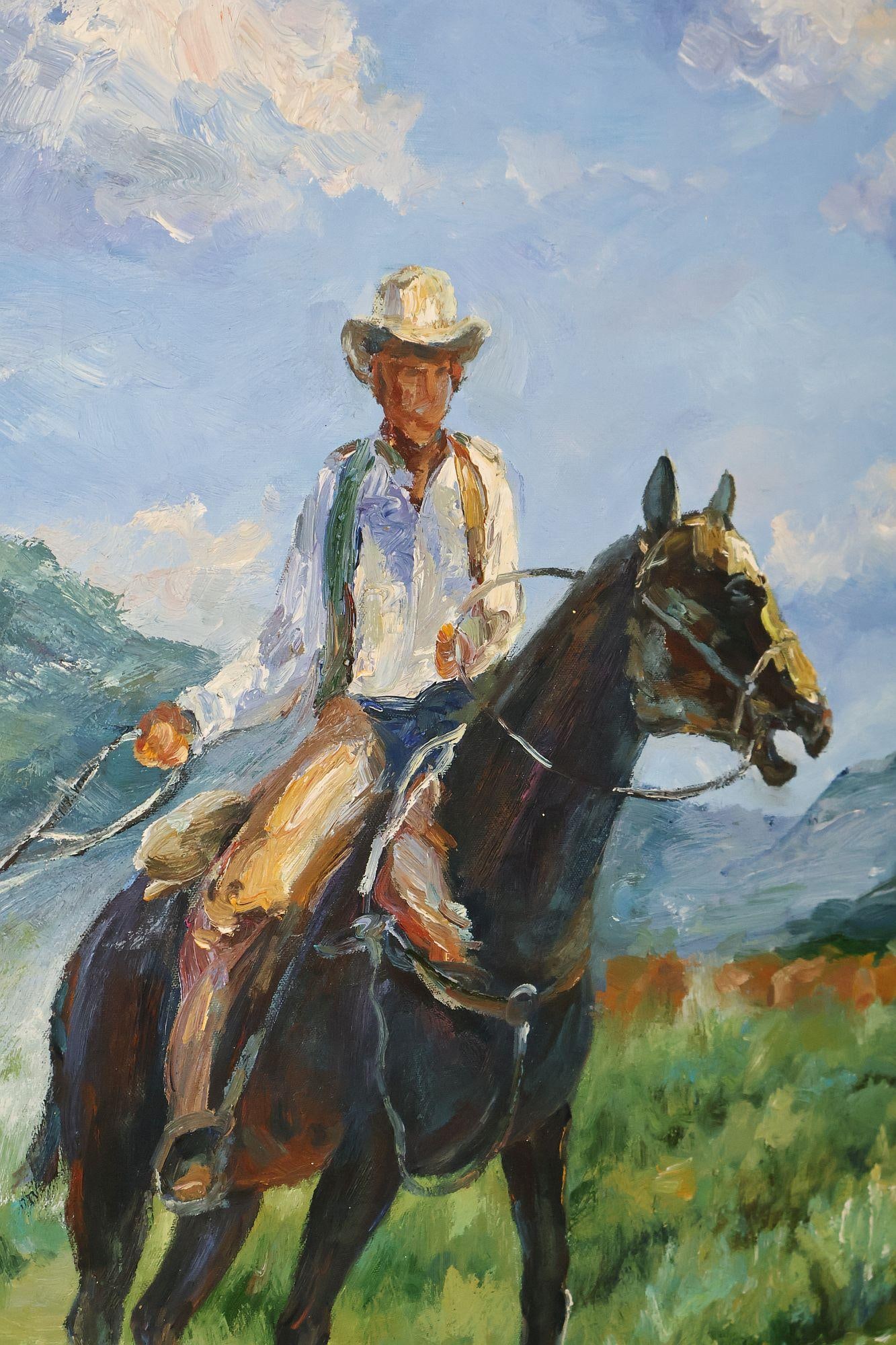 Late 20th Century Western Cowboy on Horse Oil Painting on Canvas 55" x 43" Signed 'S. T. Cesent' in - 18