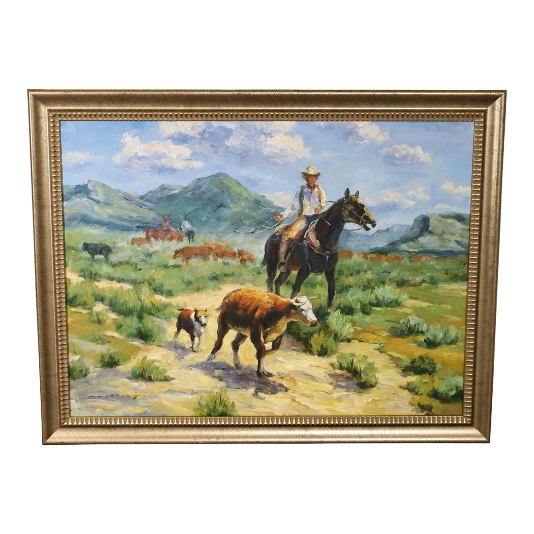 Late 20th Century Western Cowboy on Horse Oil Painting on Canvas 55" x 43" Signed 'S. T. Cesent' in: High Quality Western Cowboy on Horse Oil Painting on Canvas 55" x 43" Signed 'S. T. Cesent' in Gold Gilt Frame. Painting Subject Features Cowboy on Horseback Wrangling Steer. Sweeping Landscape