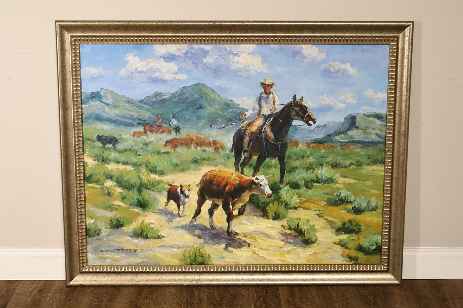 Late 20th Century Western Cowboy on Horse Oil Painting on Canvas 55" x 43" Signed 'S. T. Cesent' in - 2