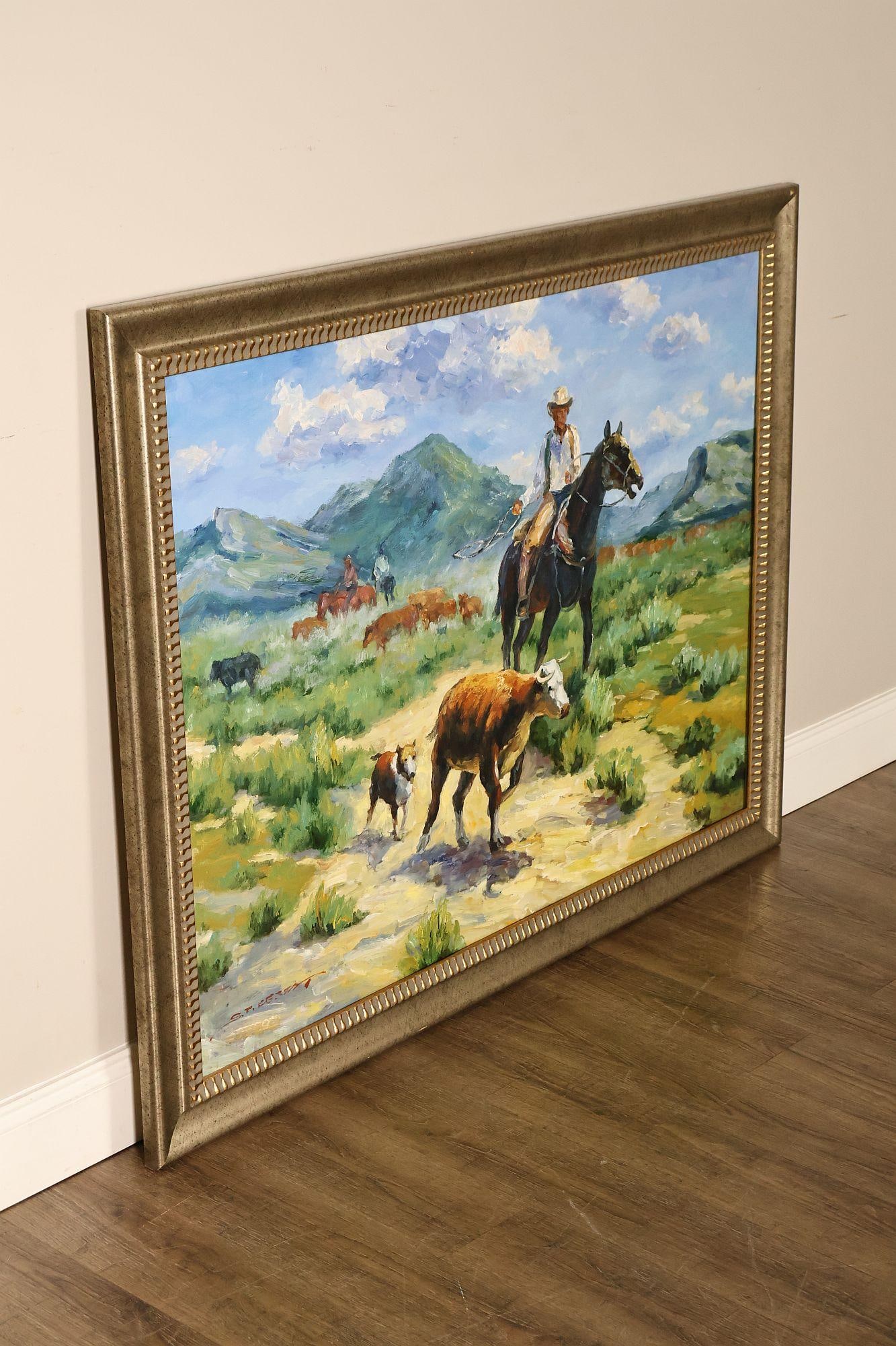 Late 20th Century Western Cowboy on Horse Oil Painting on Canvas 55" x 43" Signed 'S. T. Cesent' in - 3