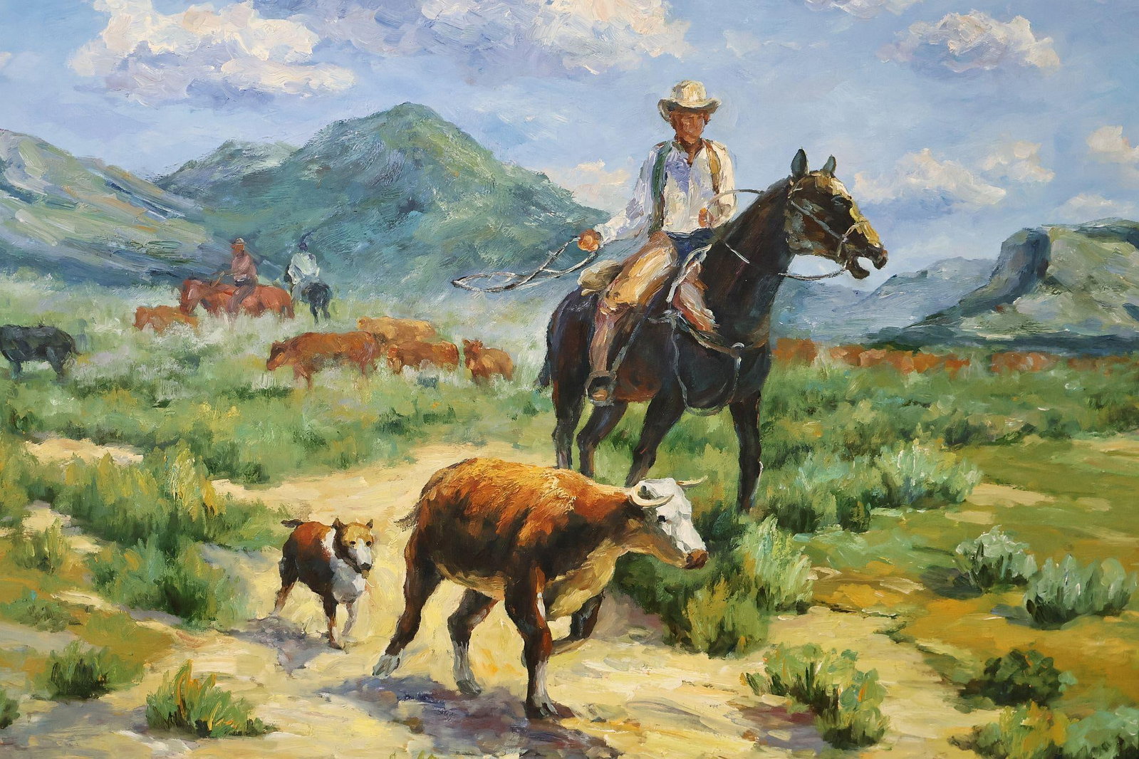 Late 20th Century Western Cowboy on Horse Oil Painting on Canvas 55" x 43" Signed 'S. T. Cesent' in - 5