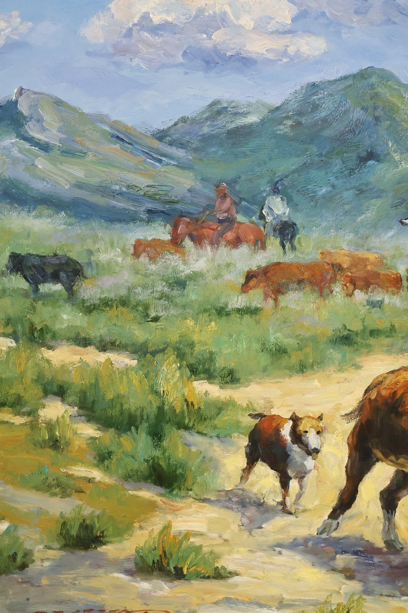 Late 20th Century Western Cowboy on Horse Oil Painting on Canvas 55" x 43" Signed 'S. T. Cesent' in - 6