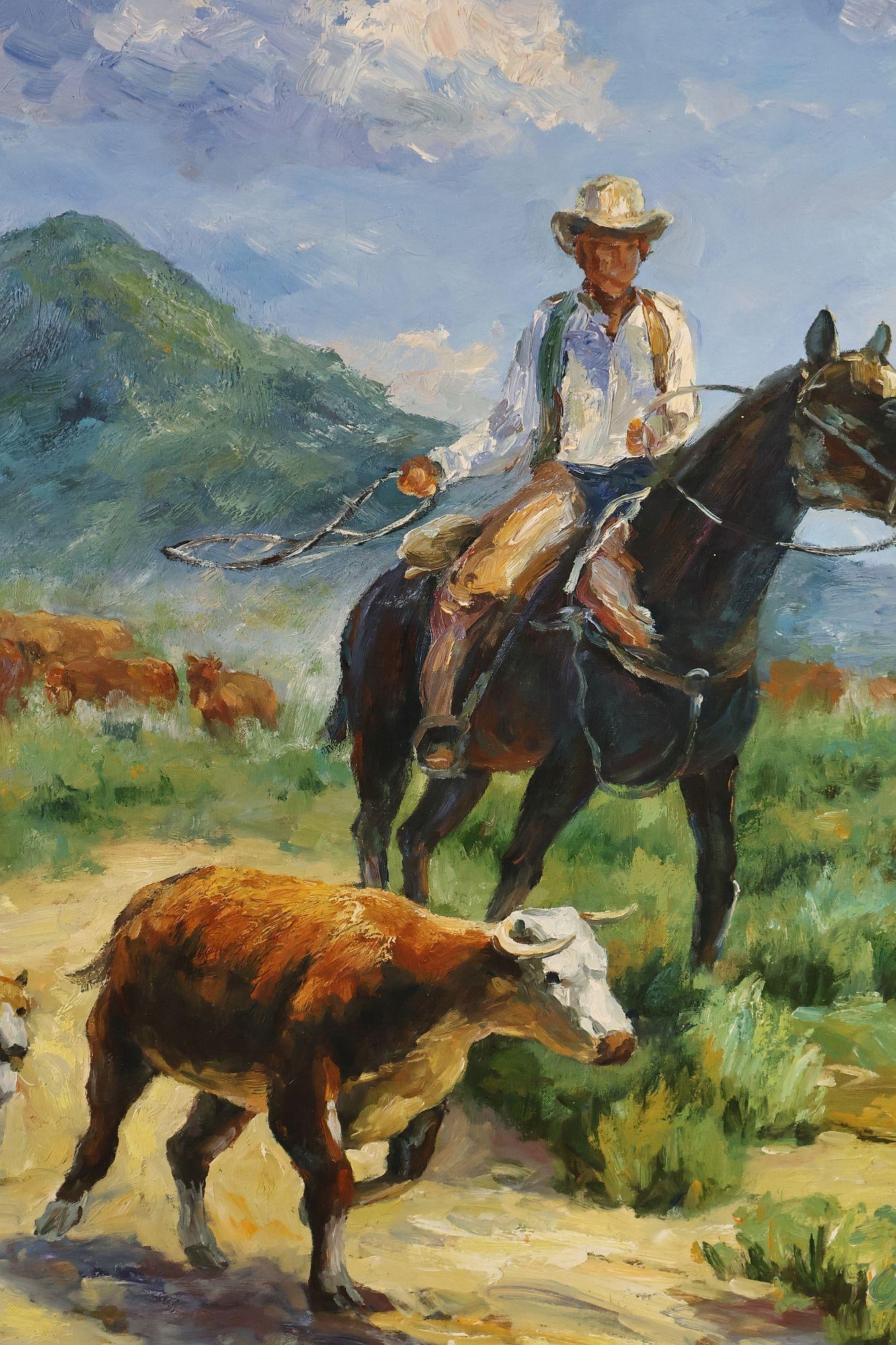 Late 20th Century Western Cowboy on Horse Oil Painting on Canvas 55" x 43" Signed 'S. T. Cesent' in - 7