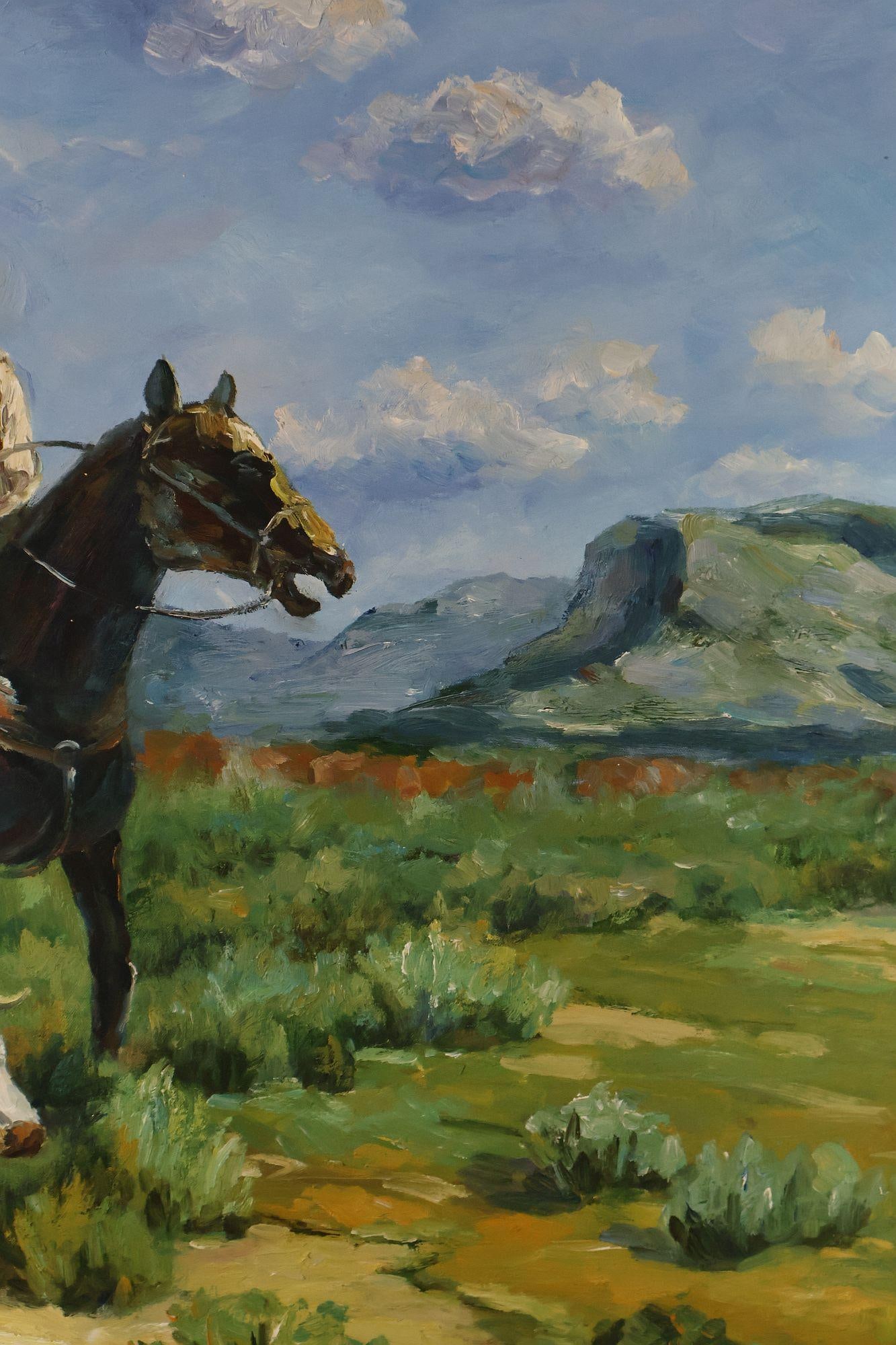 Late 20th Century Western Cowboy on Horse Oil Painting on Canvas 55" x 43" Signed 'S. T. Cesent' in - 8