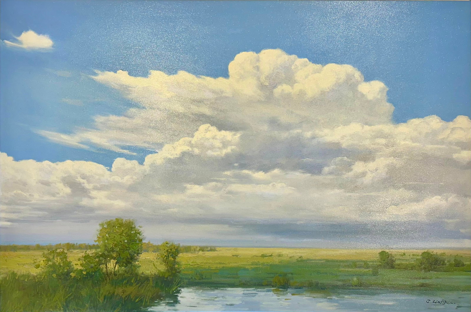 Summer Sky Over the Marsh Original Oil Painting by G. Hodges: Original oil on canvas, stretched, by G. Hodges. A breathtaking panoramic landscape capturing the drama and serenity of a summer sky above an expansive wetland marsh. Billowing cumulus clouds